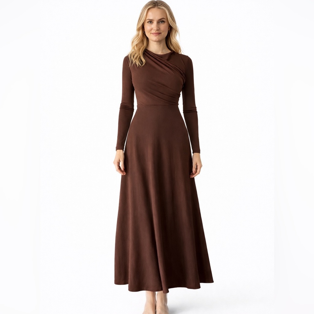 HALARA Long Sleeve Maxi Dress in Chocolate Brown